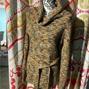 Cowl neck belted tunic sweater